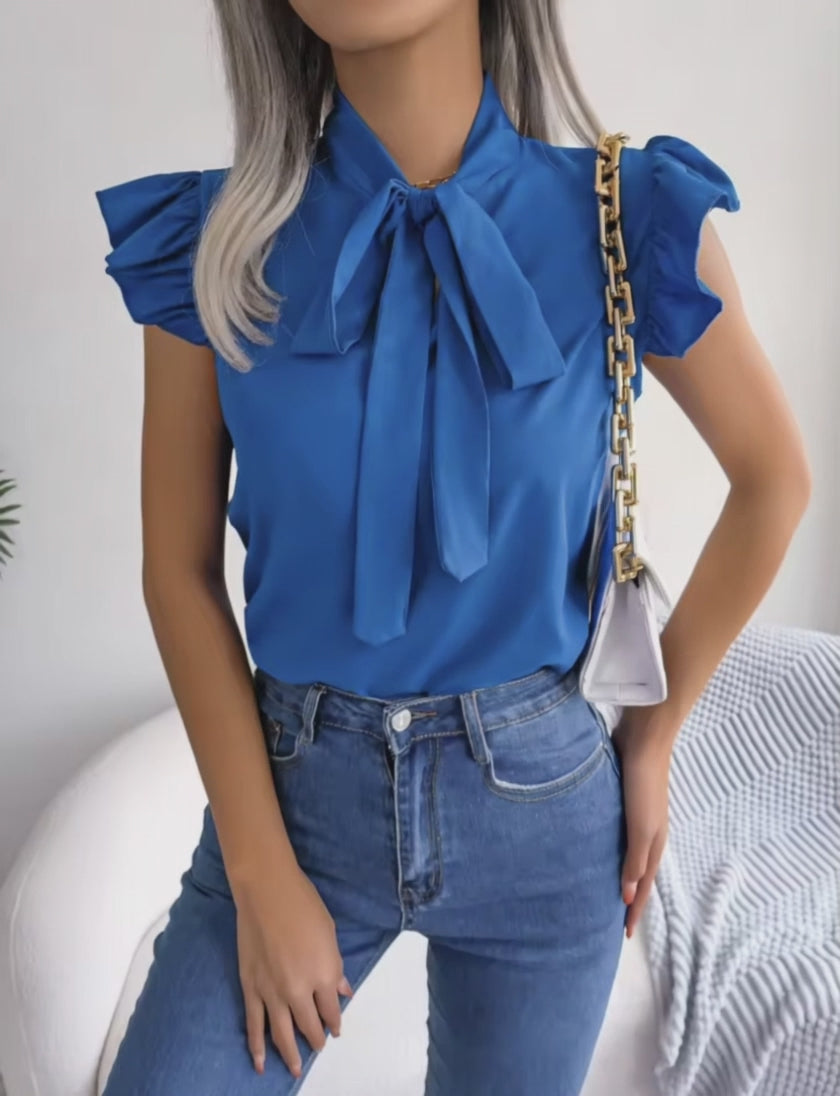 Blusa de Manga Corta con Volantes y Lazo para Mujer