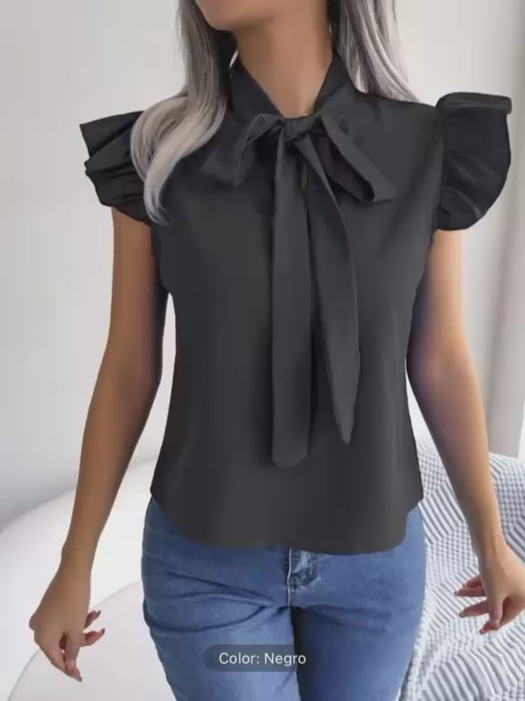Blusa de Manga Corta con Volantes y Lazo para Mujer