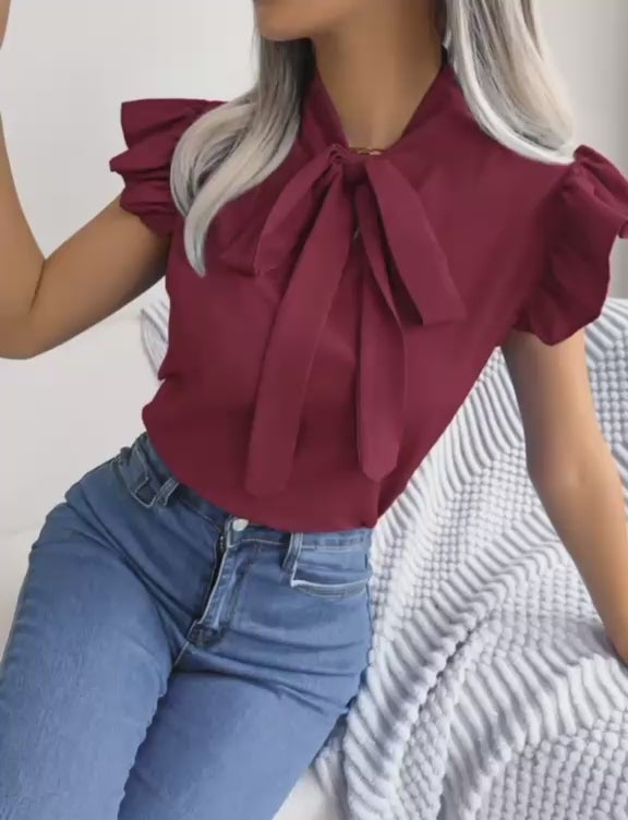 Blusa de Manga Corta con Volantes y Lazo para Mujer